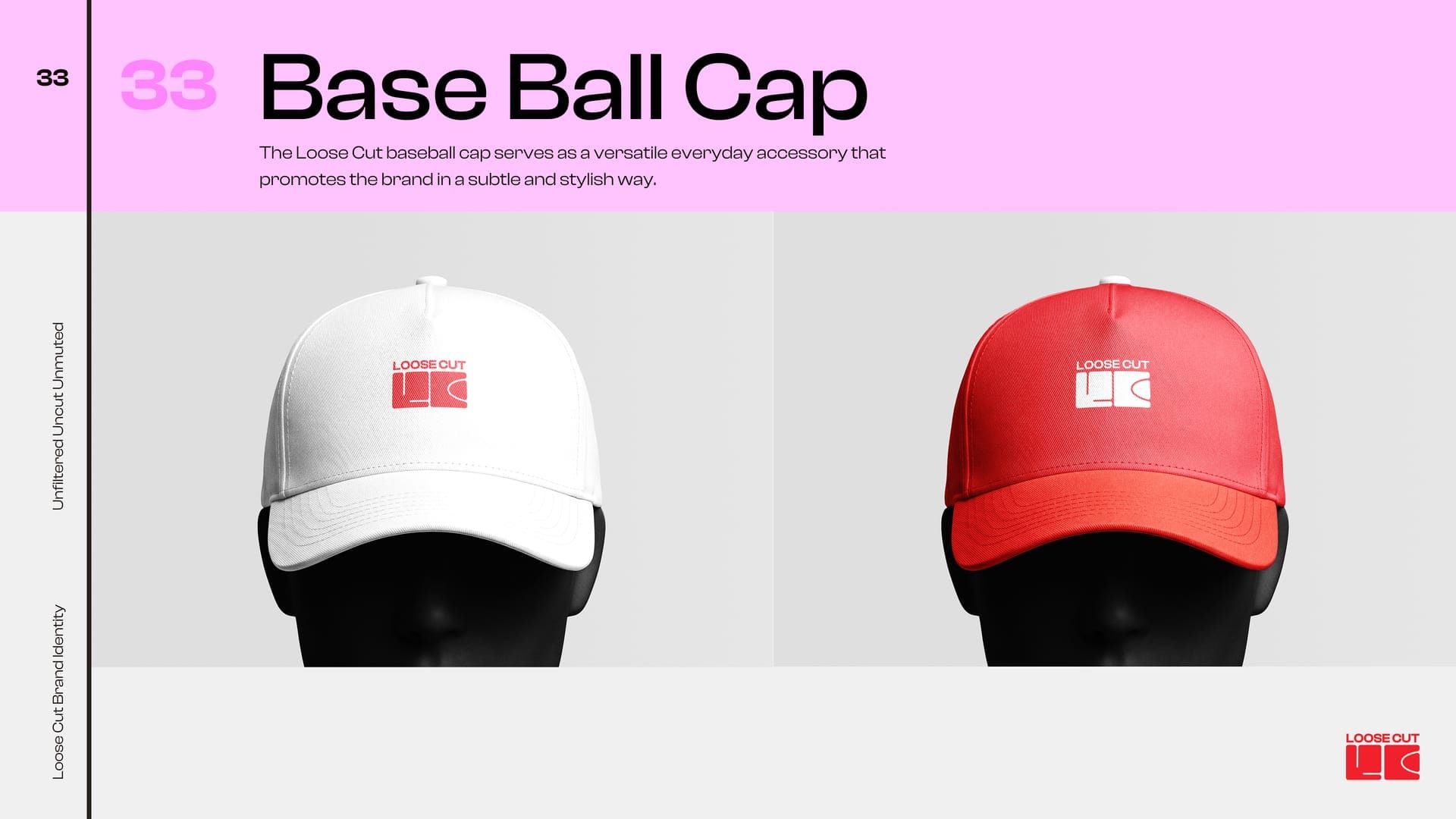 Loose Cut baseball caps in white and Splice Red with the LC mark.
