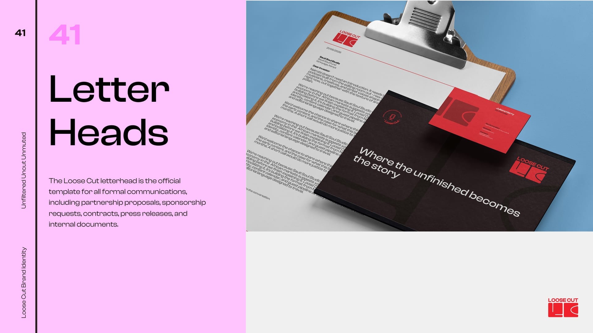 Loose Cut letterheads showing the stationery system.