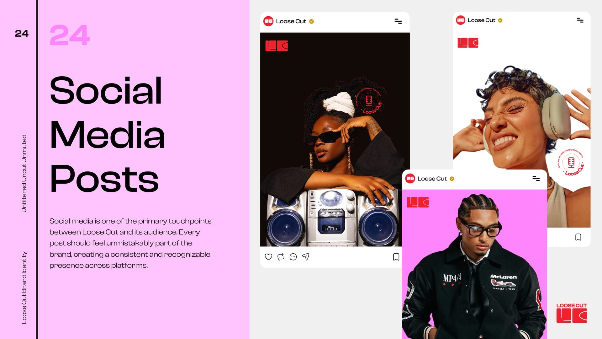 Loose Cut social media posts using the LC mark, high-contrast photography and Splice Red.