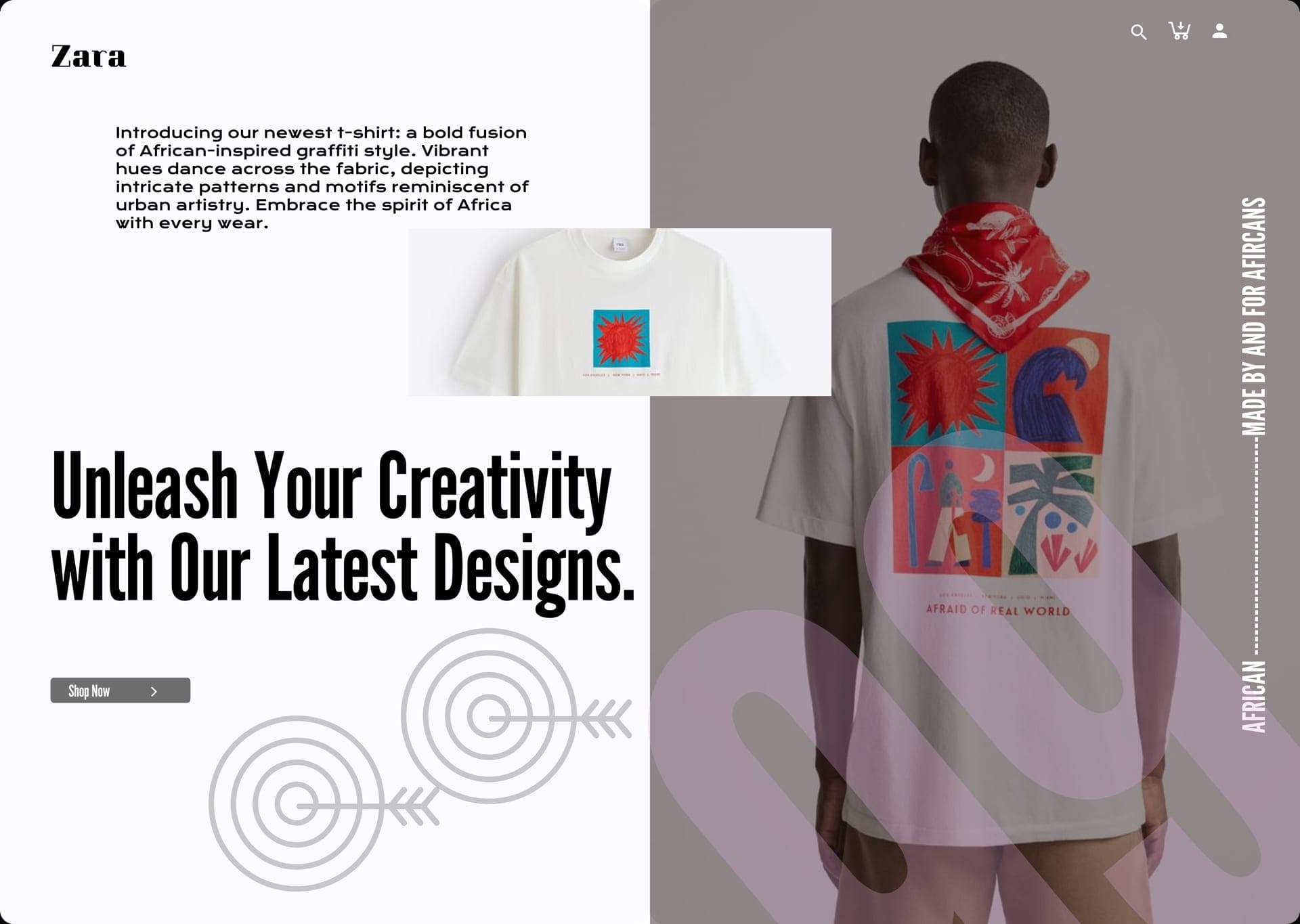 Zara landing for an African-inspired graffiti t-shirt: Unleash Your Creativity with Our Latest Designs, Shop Now, a front-print inset, a back-print hero, and vertical AFRICAN MADE BY AND FOR AFRICANS.